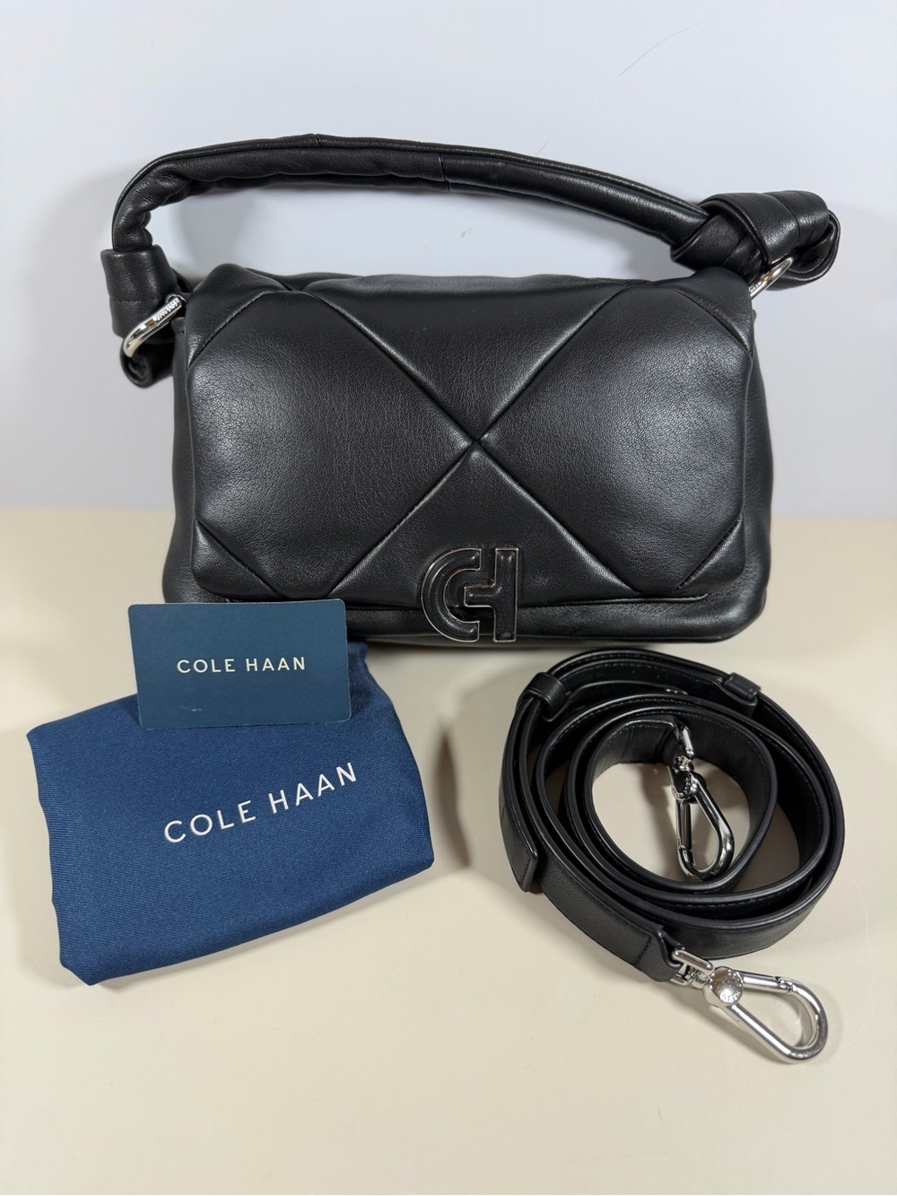 Cole Haan Black Quilted Leather Crossbody Bag with CH Logo